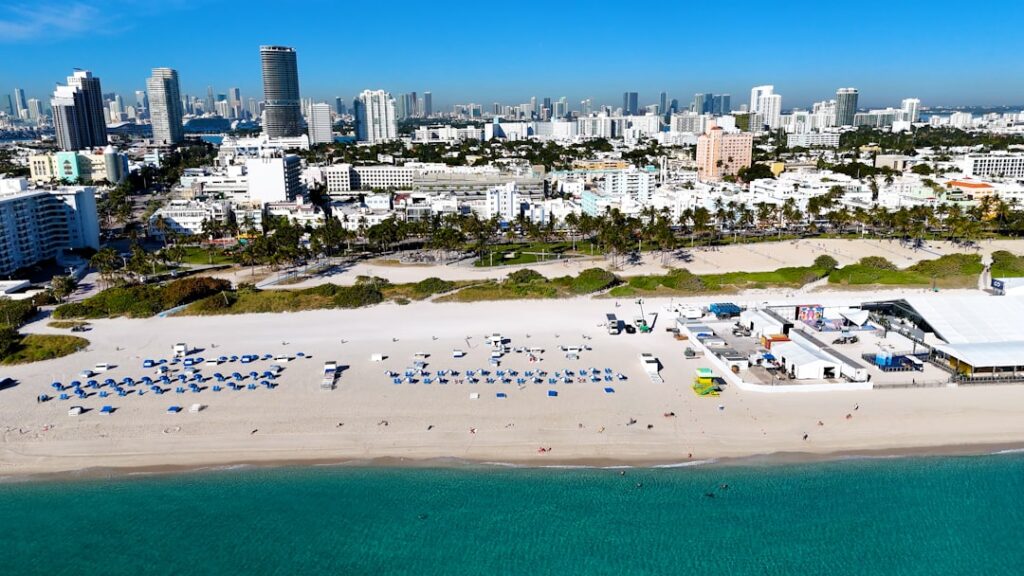 An aerial view of a beach with a city in the background