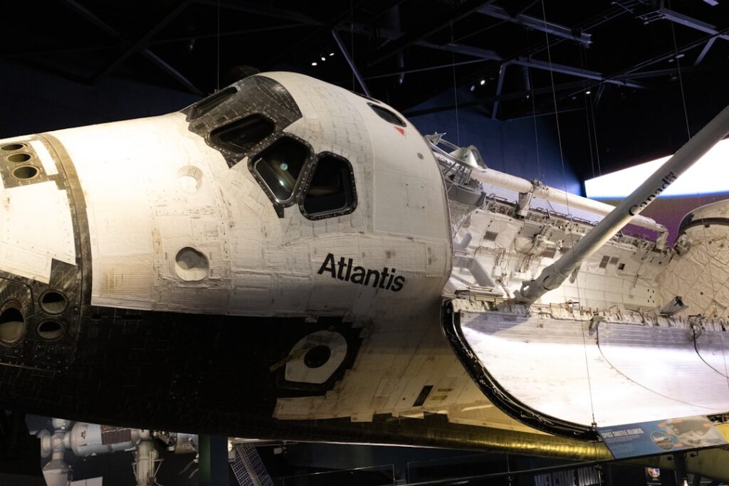 A space shuttle is on display in a museum